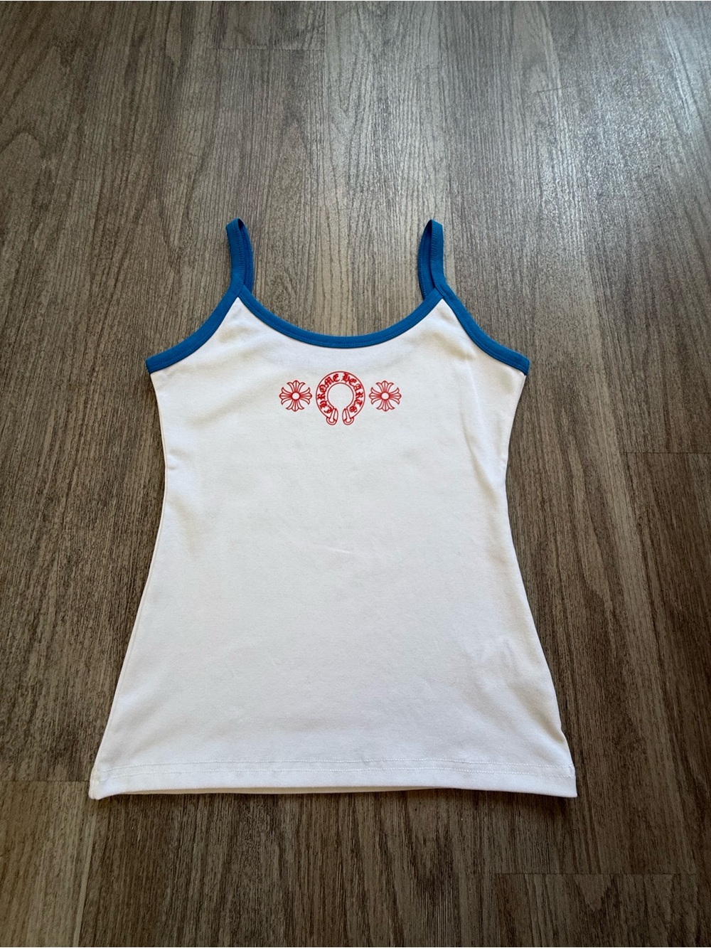 Women’s White Tank Top with Blue Trim and Red Embroidery